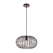 Moderne Hängeleuchte mit schwarzem, drahtigem Lampenschirm und sichtbarer Glühbirne, seitliche Perspektive