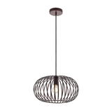 Moderne Hängeleuchte mit schwarzem, drahtigem Lampenschirm und sichtbarer Glühbirne, seitliche Perspektive