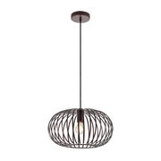 Moderne Hängeleuchte mit schwarzem, drahtigem Lampenschirm und sichtbarer Glühbirne, seitliche Perspektive