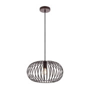 Moderne hanglamp met een zwarte, draadachtige lampenkap en zichtbare gloeilamp, zijaanzicht