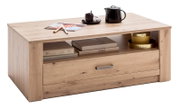 Holz-Couchtisch mit Schublade und Ablage, seitliche Perspektive