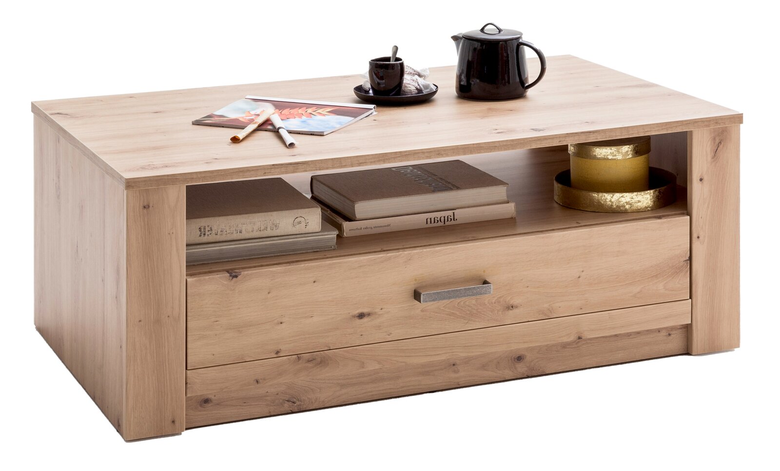 Holz-Couchtisch mit Schublade und Ablage, seitliche Perspektive