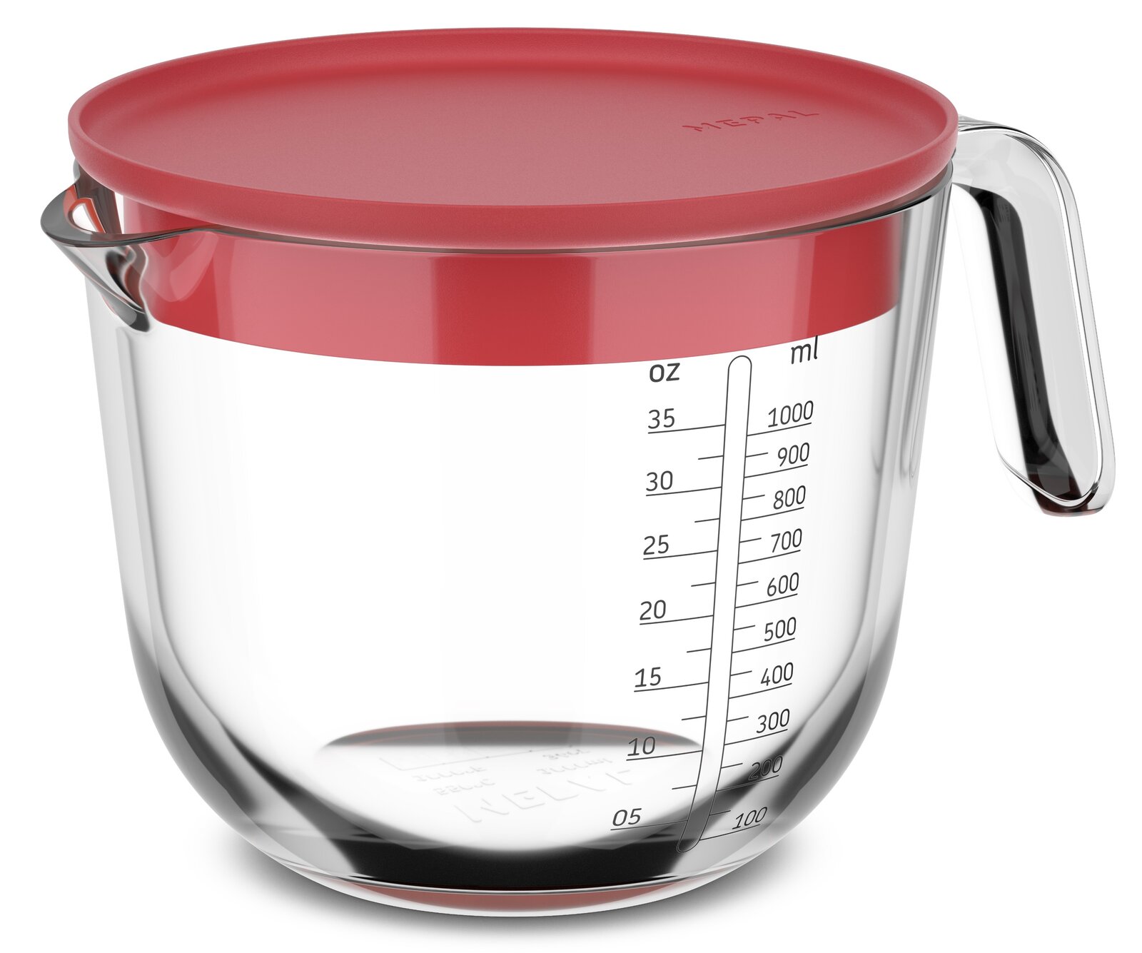 Glas-Messbecher mit rotem Deckel und Griff, 1000 ml, seitliche Ansicht