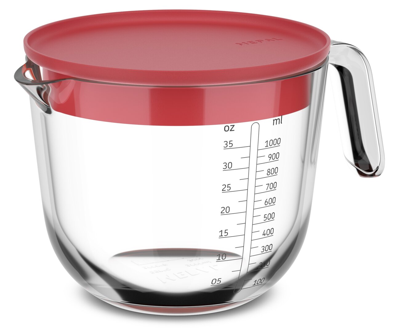 Glas-Messbecher mit rotem Deckel und Griff, 1000 ml, seitliche Ansicht