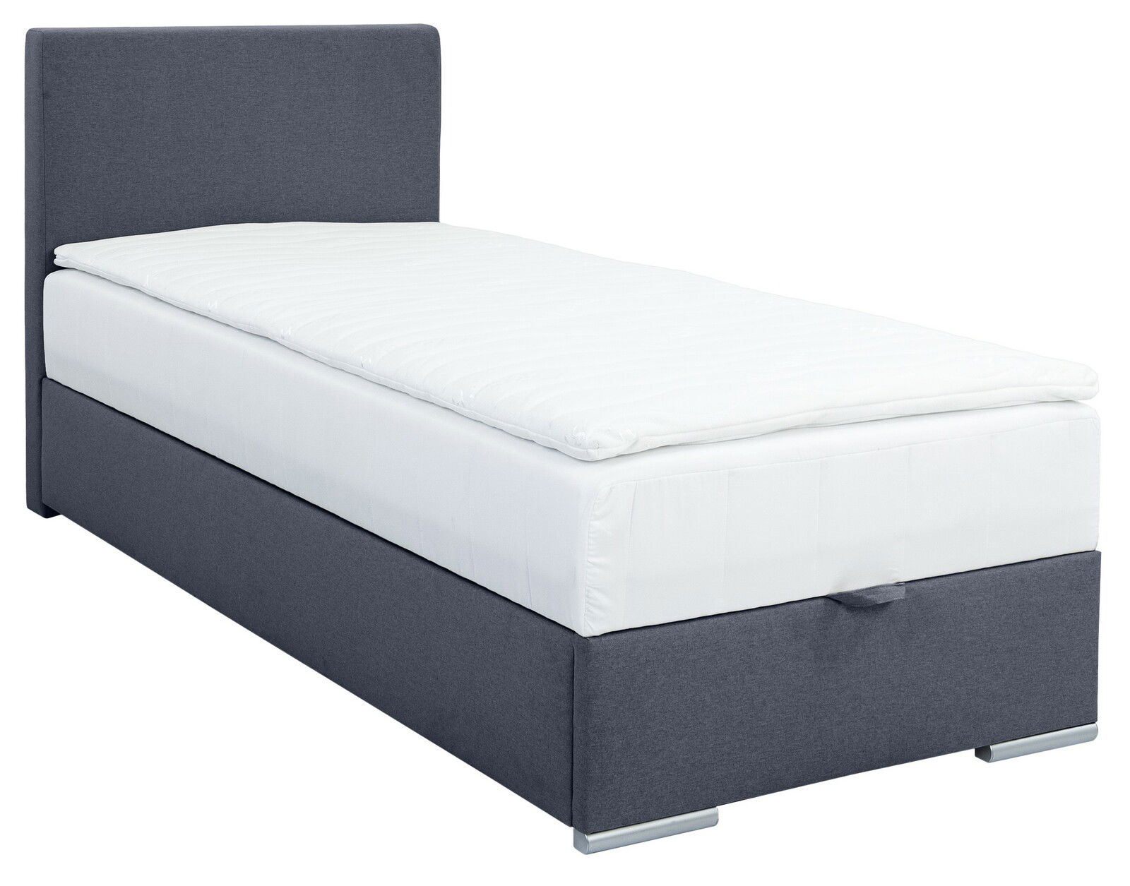 Boxbett 90 in seitlicher Perspektive mit grauem Stoffbezug und weißer Matratze