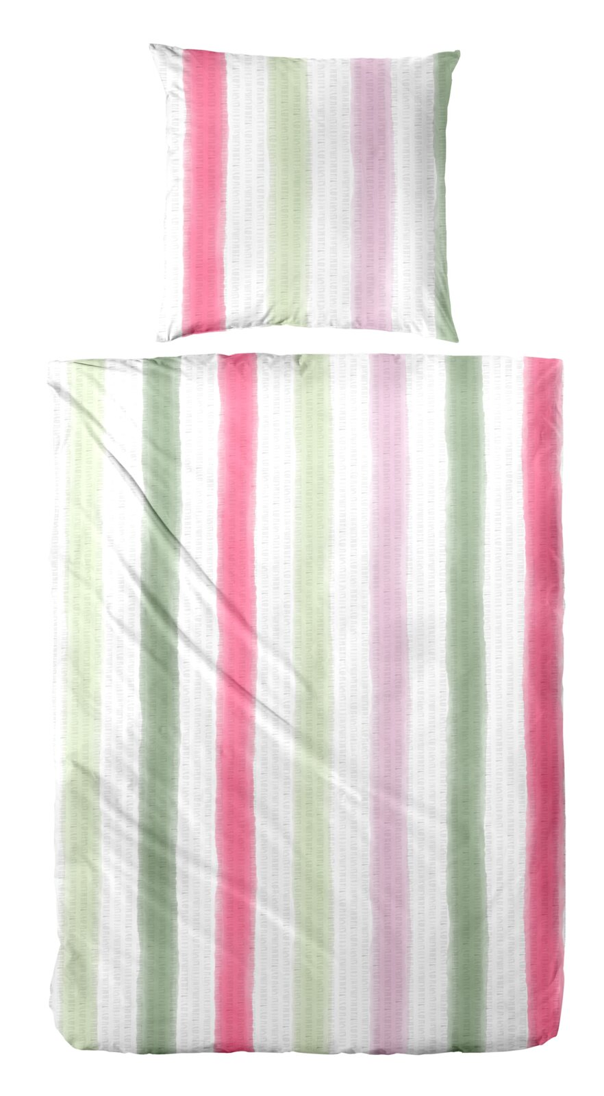 Primera Bettwäsche Bettwäsche-Set mit Kissenbezug und Deckenbezug in Weiß mit vertikalen Streifen in Grün, Rosa und Flieder, Draufsicht von oben