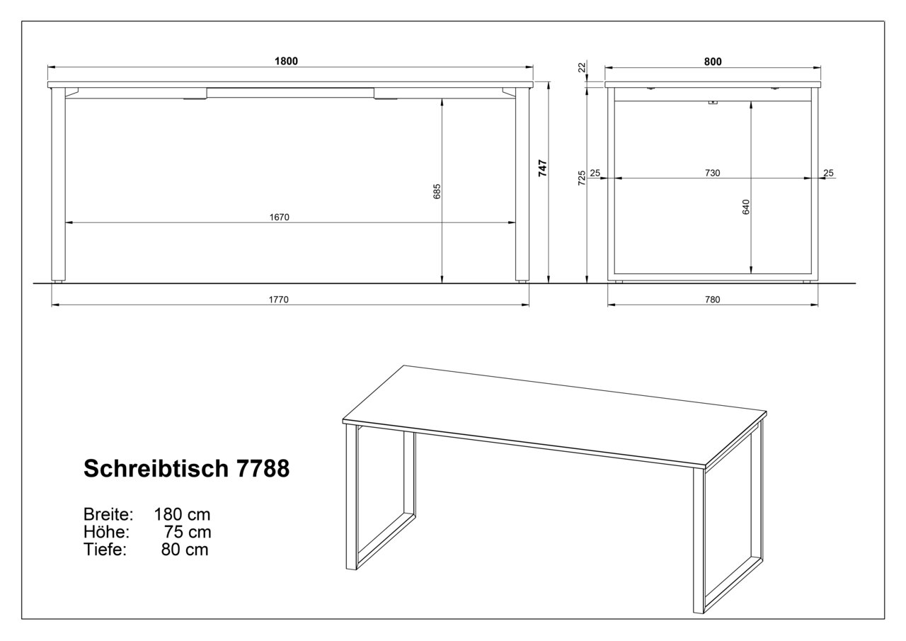 Technische Zeichnung des Schreibtischs 7788 mit Maßangaben (Breite 180 cm, Höhe 75 cm, Tiefe 80 cm), dargestellt in Vorderansicht, Seitenansicht und perspektivischer Schrägansicht.