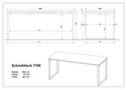 Technische Zeichnung des Schreibtischs 7788 mit Maßangaben (Breite 180 cm, Höhe 75 cm, Tiefe 80 cm), dargestellt in Vorderansicht, Seitenansicht und perspektivischer Schrägansicht.