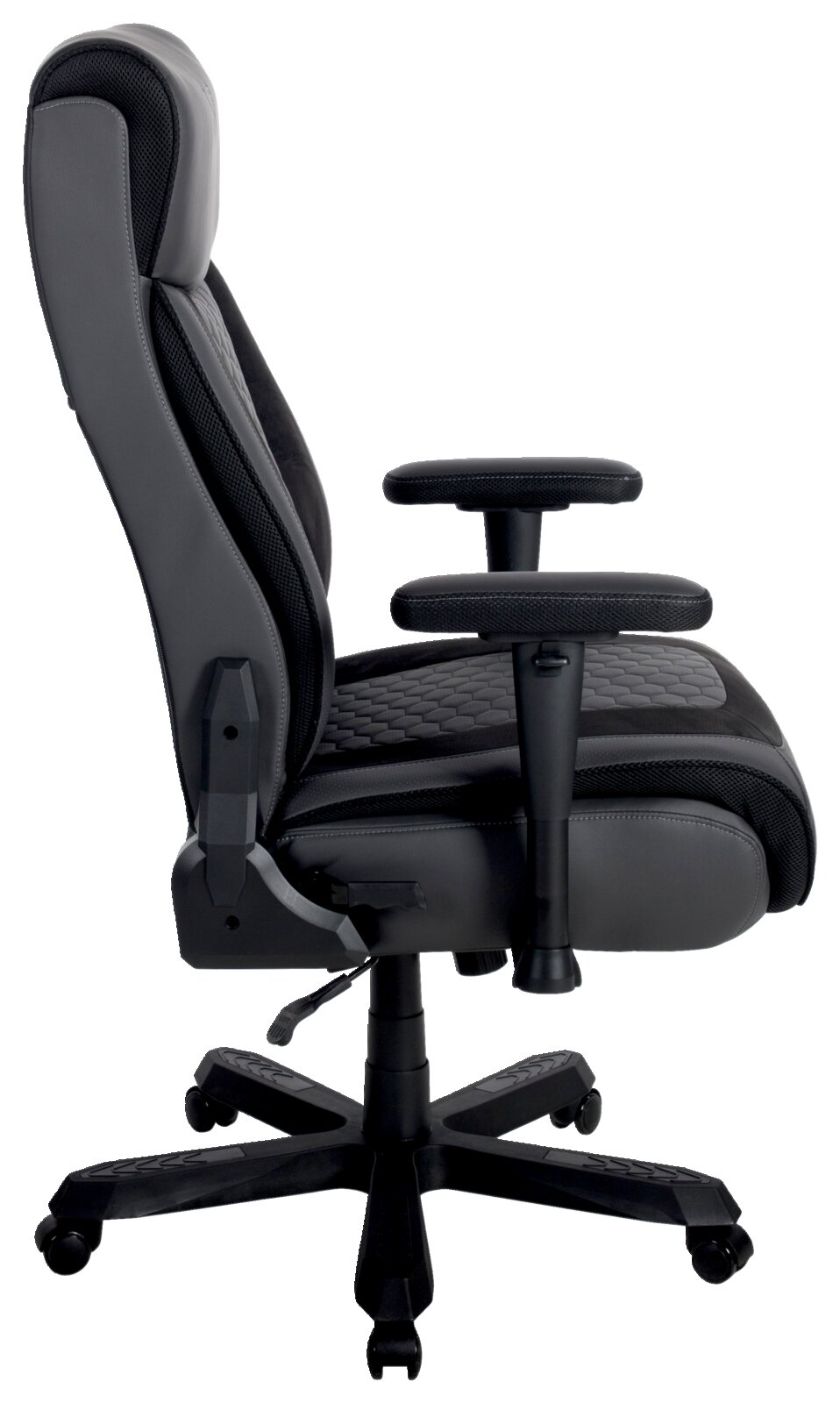Game-Rocker Directiestoel Zwarte en grijze ergonomische bureaustoel met hoge rugleuning, verstelbare armleuningen en wielen, zijaanzicht (linker profiel)
