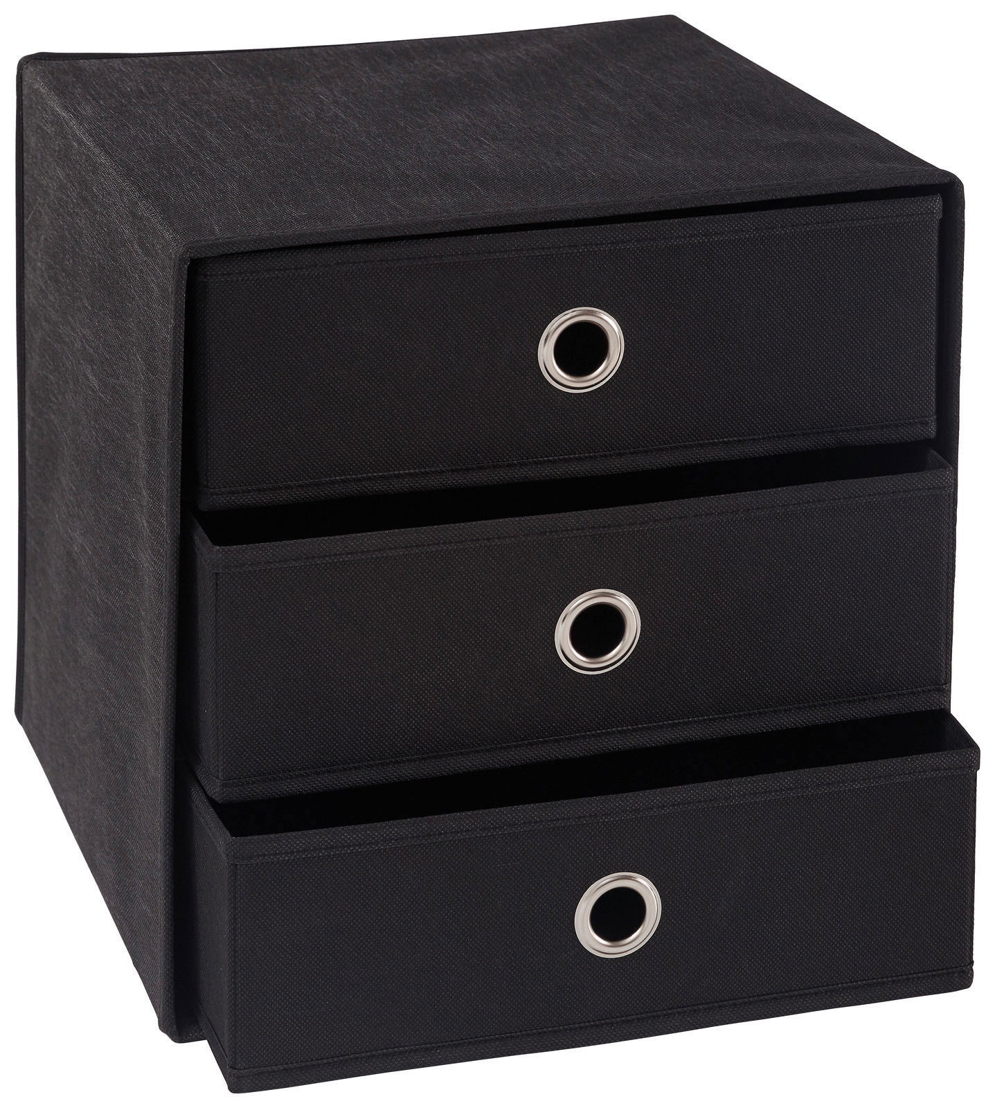 Carryhome Stoffbox mit Schubfächer CUBUS Schwarze Stoffbox mit drei Schubfächern, perspektivisch von vorne rechts fotografiert.