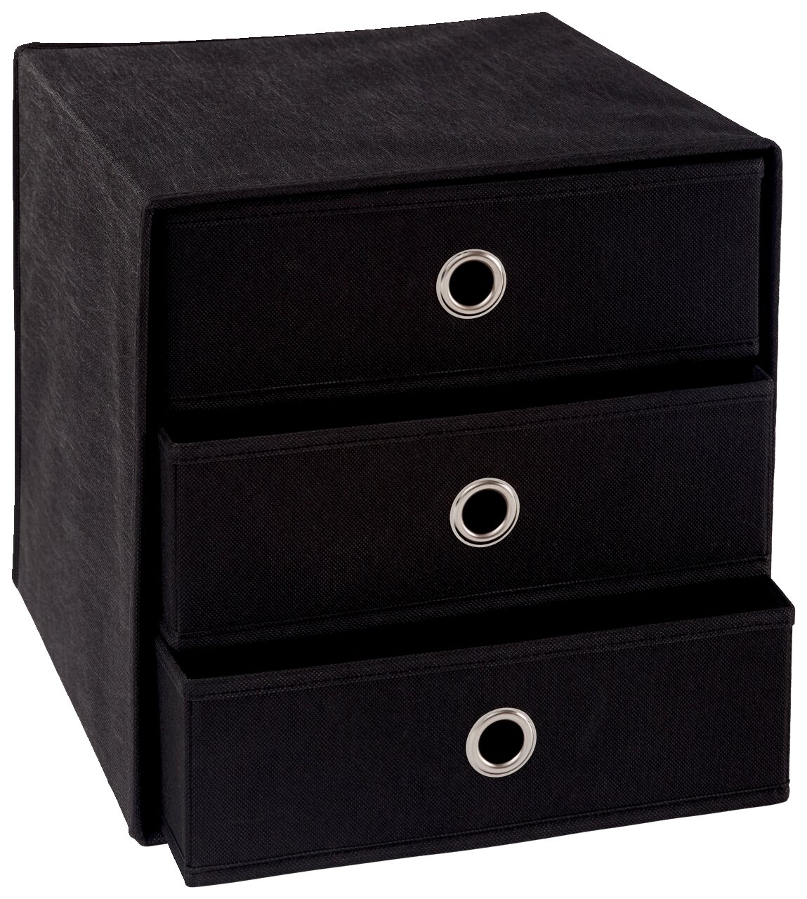 Schwarze Stoffbox mit drei Schubfächern, perspektivisch von vorne rechts fotografiert.