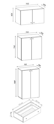Technische Maßzeichnung eines zweitürigen Schranks in isometrischer Perspektive mit Breite 702 mm und Tiefe ca. 389–390 mm; dargestellt in drei Höhen (404 mm, 740 mm, 1097 mm) sowie eine Schublade/Box mit Höhe 174 mm.