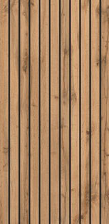 Frontansicht eines Hängeschranks mit vertikalen Holzlatten und dunklen Zwischenräumen.