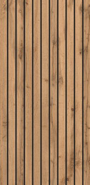 Frontansicht eines Hängeschranks mit vertikalen Holzlatten und dunklen Zwischenräumen.