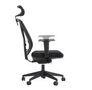 Seitenansicht eines schwarzen Drehstuhls mit verstellbarer Armlehne und Kopfstütze