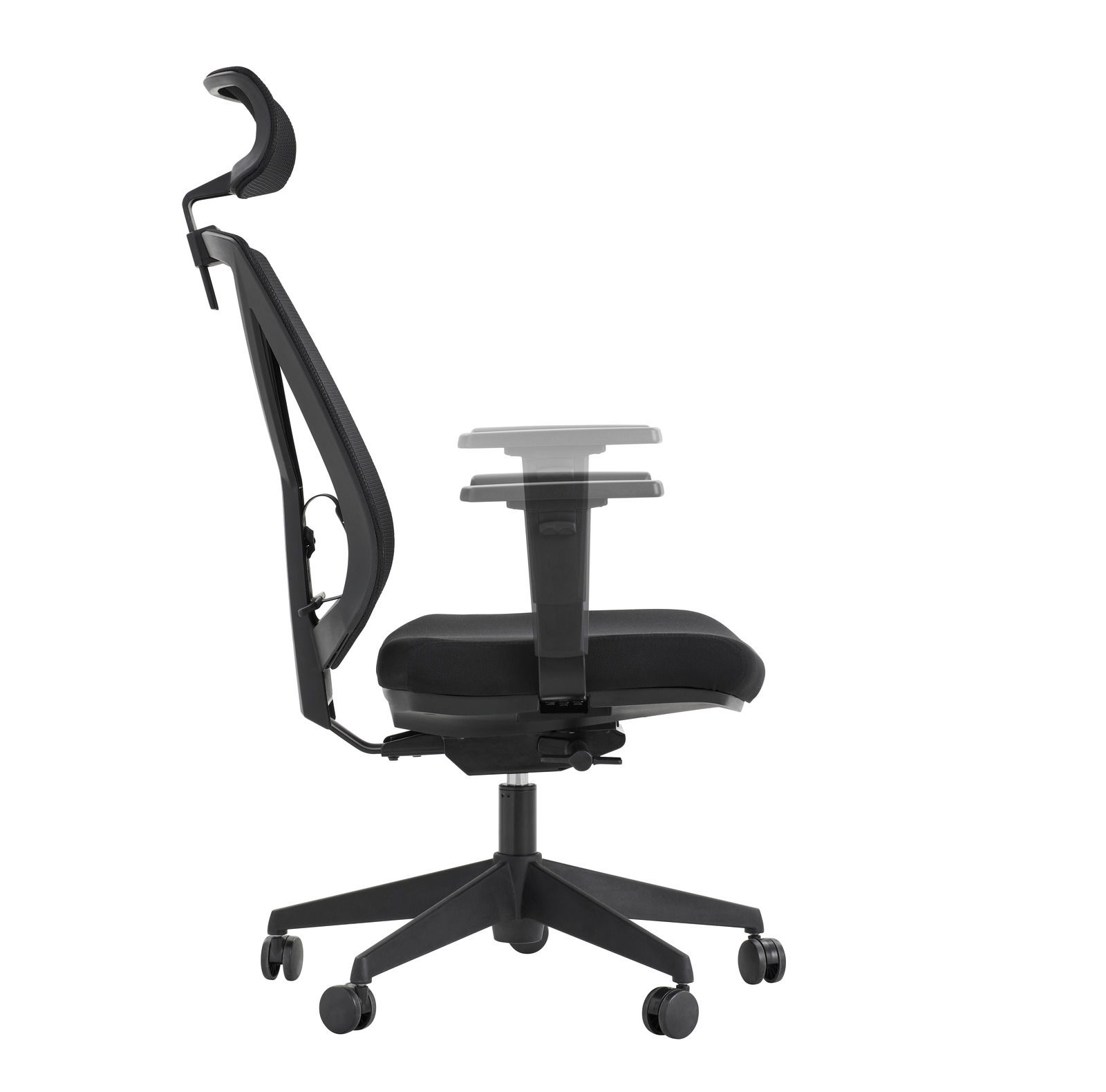 Seitenansicht eines schwarzen Drehstuhls mit verstellbarer Armlehne und Kopfstütze