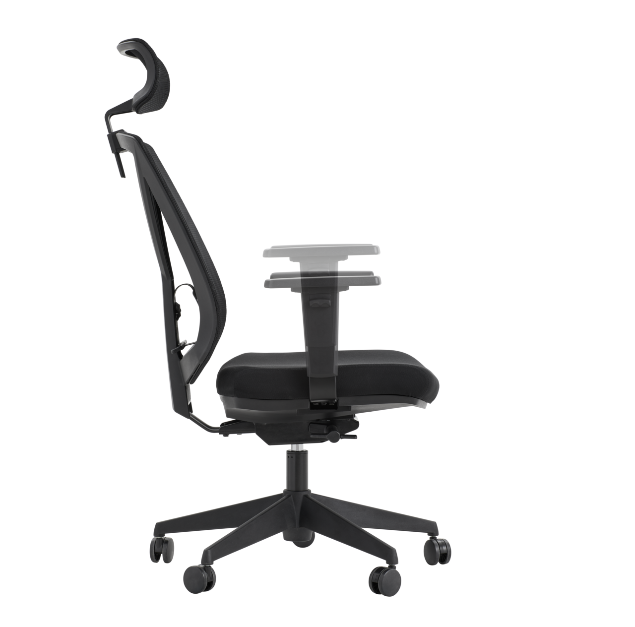 Seitenansicht eines schwarzen Drehstuhls mit verstellbarer Armlehne und Kopfstütze