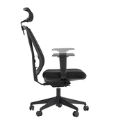 Seitenansicht eines schwarzen Drehstuhls mit verstellbarer Armlehne und Kopfstütze