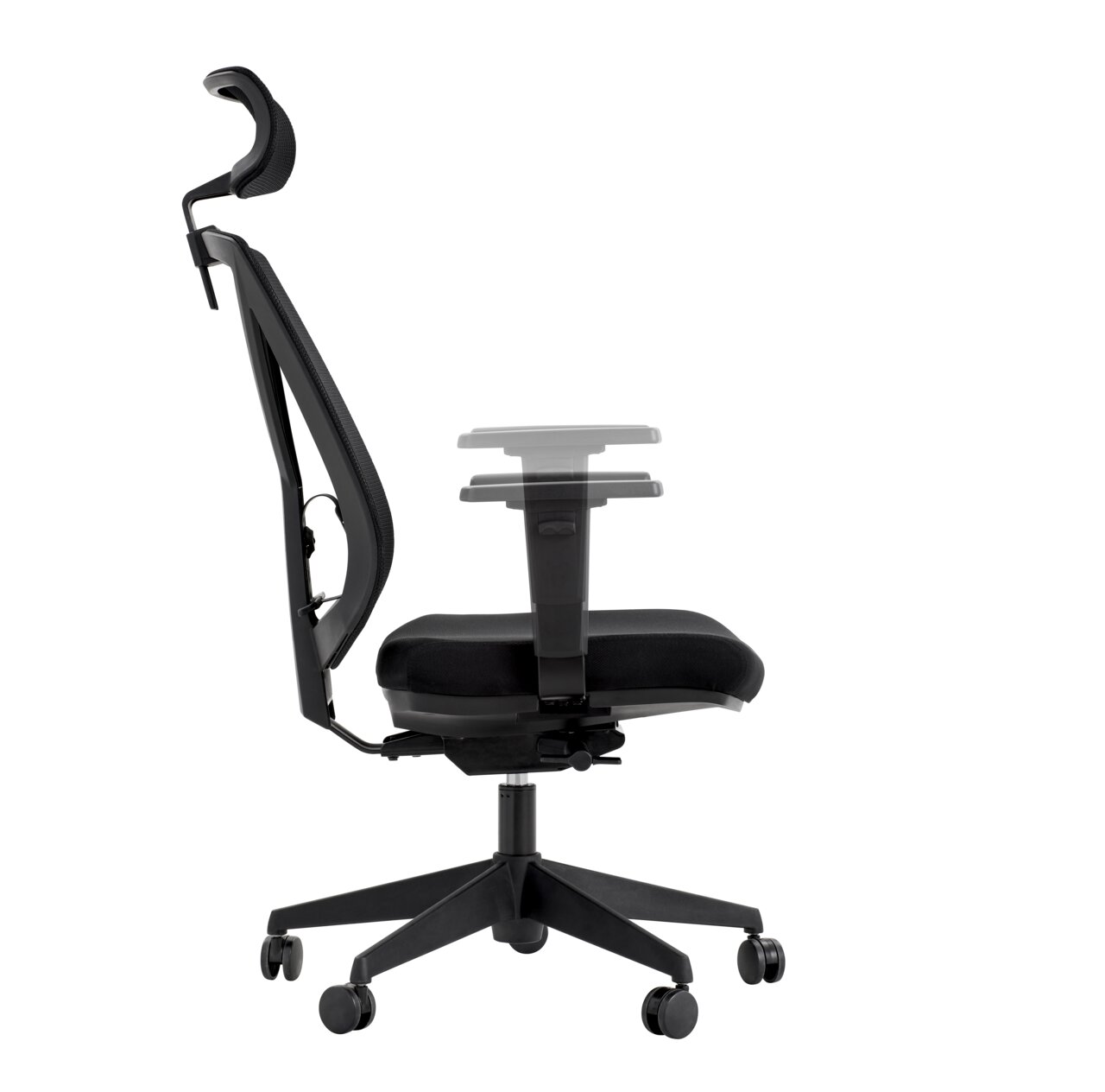 Seitenansicht eines schwarzen Drehstuhls mit verstellbarer Armlehne und Kopfstütze