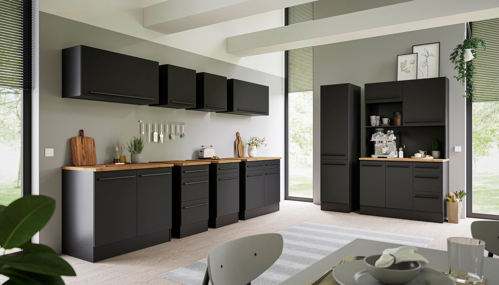 Yourkitchen Vorratsschrank JAZZ Moderne schwarze Küche mit Hängeschränken und Unterschränken, Holzarbeitsplatten, Blick von der Seite