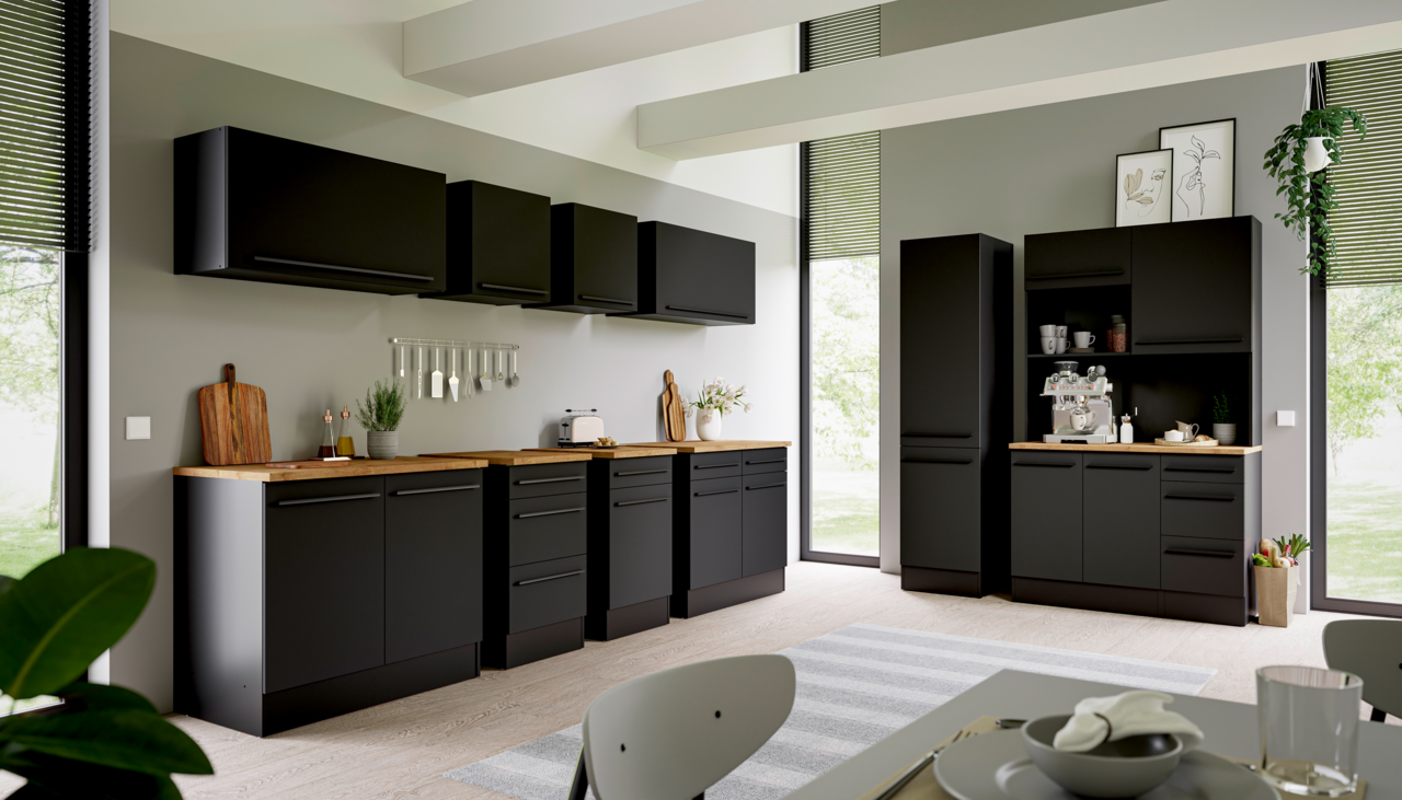 Yourkitchen Voorraadkast JAZZ Moderne schwarze Küche mit Hängeschränken und Unterschränken, Holzarbeitsplatten, Blick von der Seite