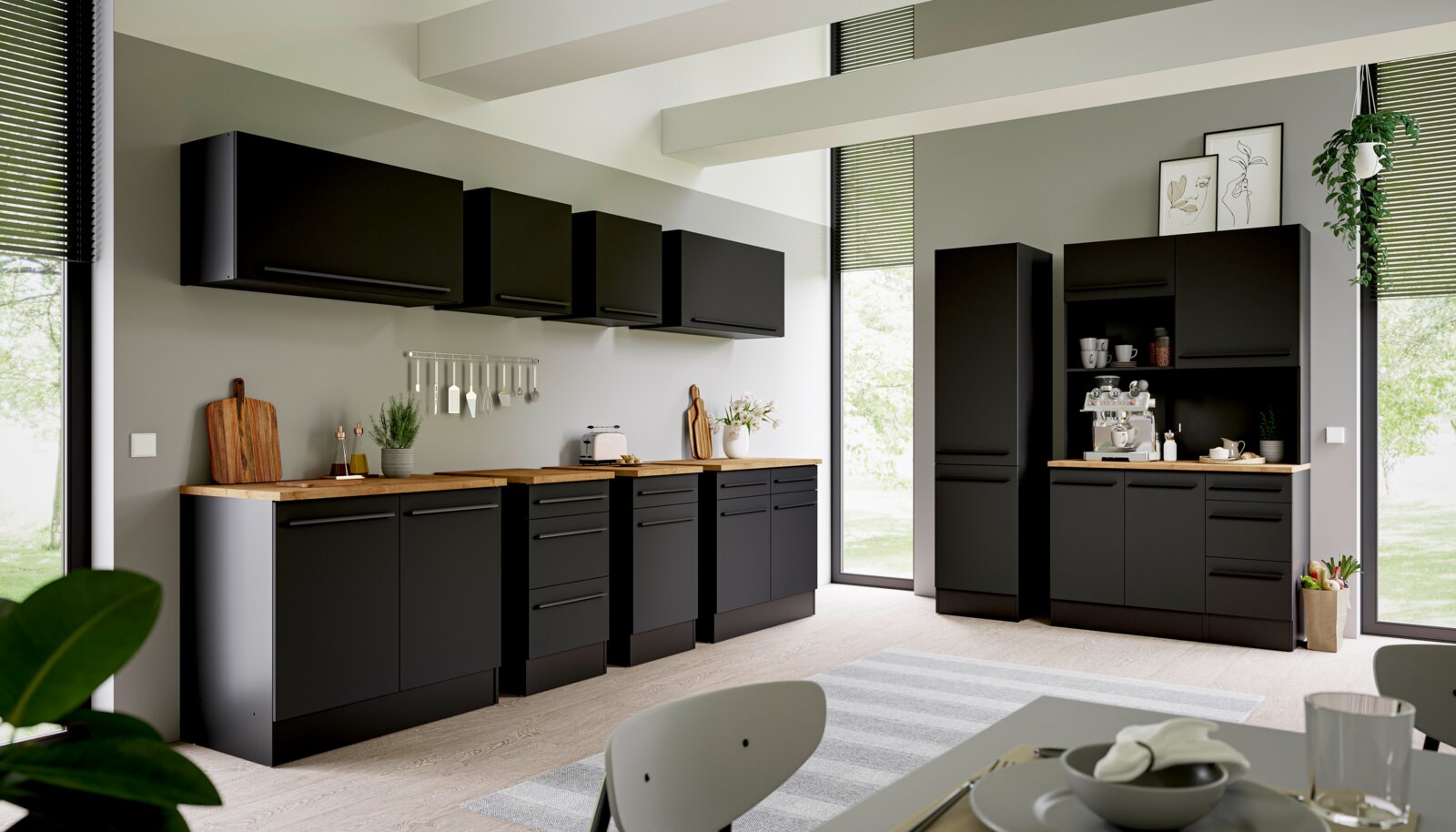 Yourkitchen Unterschrank JAZZ Moderne schwarze Küche mit Hängeschränken und Unterschränken, Holzarbeitsplatten, Blick von der Seite