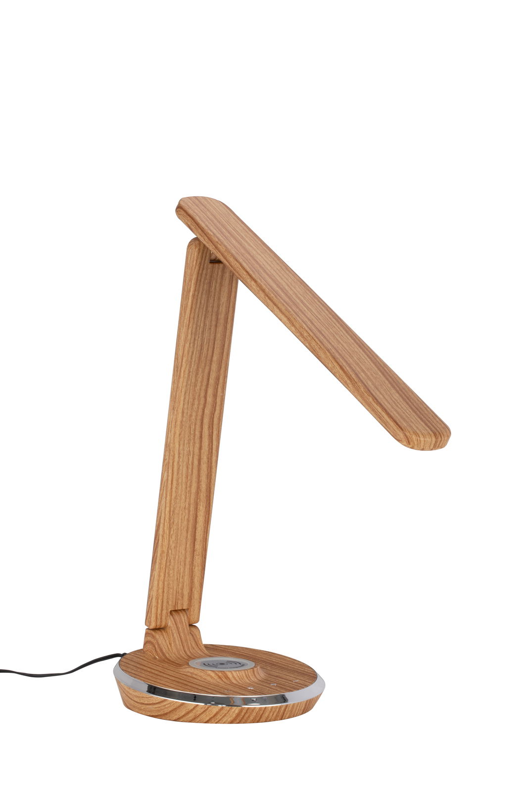 Moderne Schreibtischleuchte aus Holzoptik, seitliche Perspektive