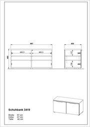 Technische Zeichnung einer Schuhbank mit den Maßen Breite 97 cm, Höhe 47 cm, Tiefe 40 cm, Vorder- und Seitenansicht.