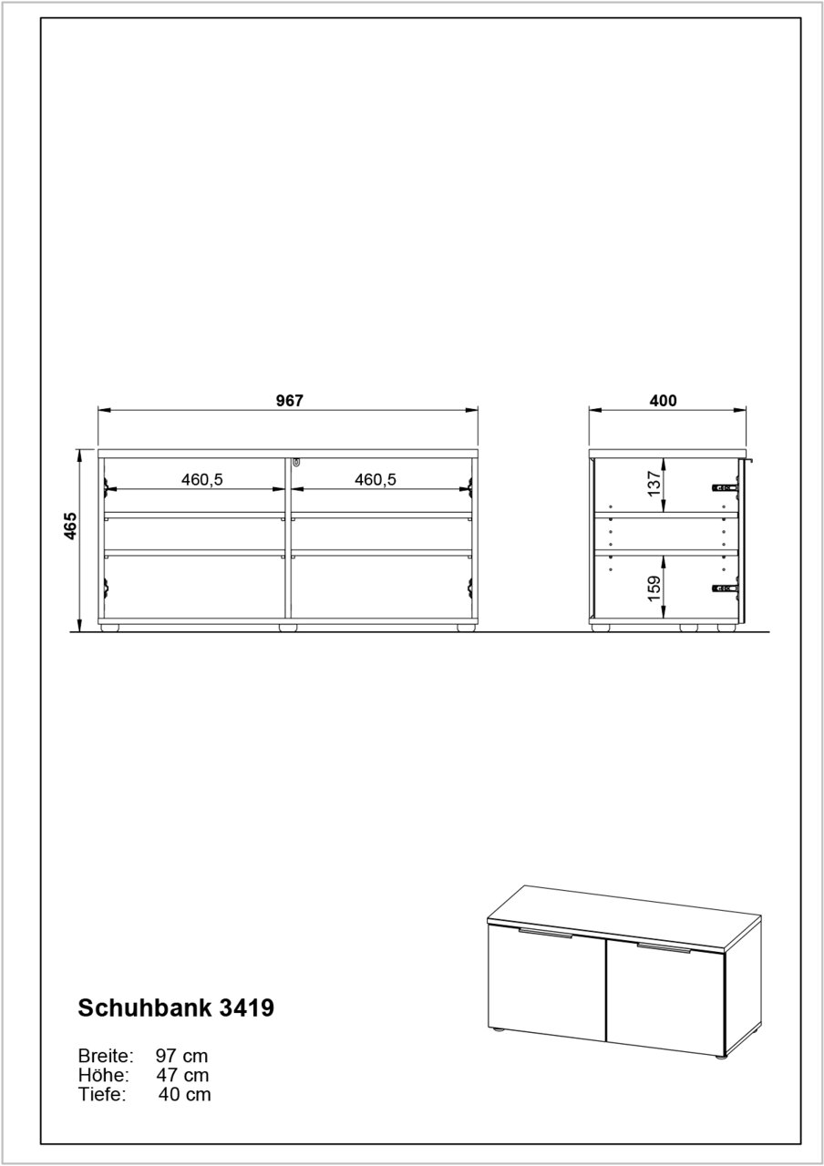 Technische Zeichnung einer Schuhbank mit den Maßen Breite 97 cm, Höhe 47 cm, Tiefe 40 cm, Vorder- und Seitenansicht.