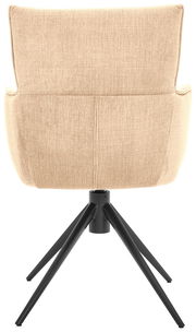 Rückansicht eines beigen Armlehnstuhls mit schwarzem Metallgestell