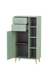 Grünes Highboard mit offenen Schubladen und Türen, seitliche Regalfächer, Perspektive von vorne.