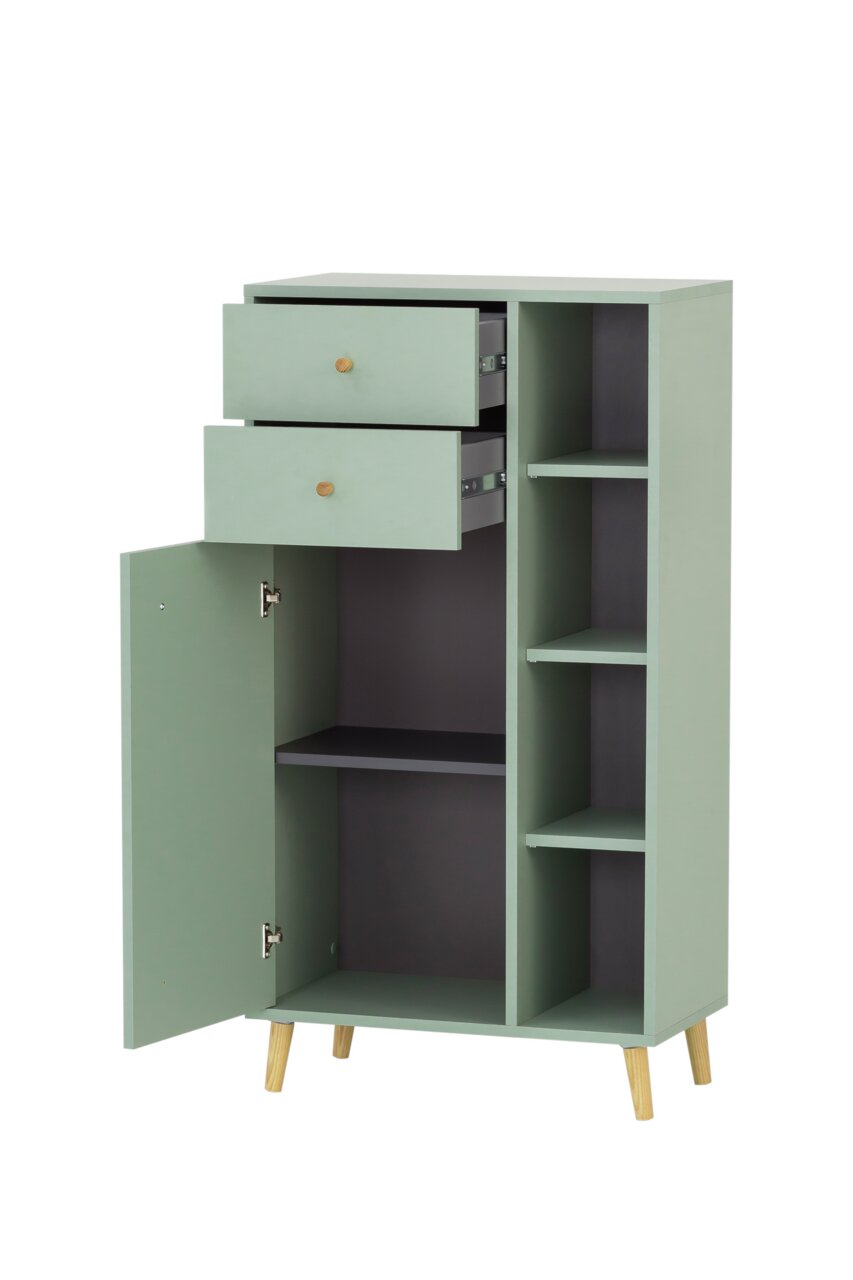 Stylife Highboard BJARNE Grünes Highboard mit offenen Schubladen und Türen, seitliche Regalfächer, Perspektive von vorne.