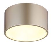 Moderne zylindrische Deckenleuchte in silberner Farbe, von unten betrachtet.