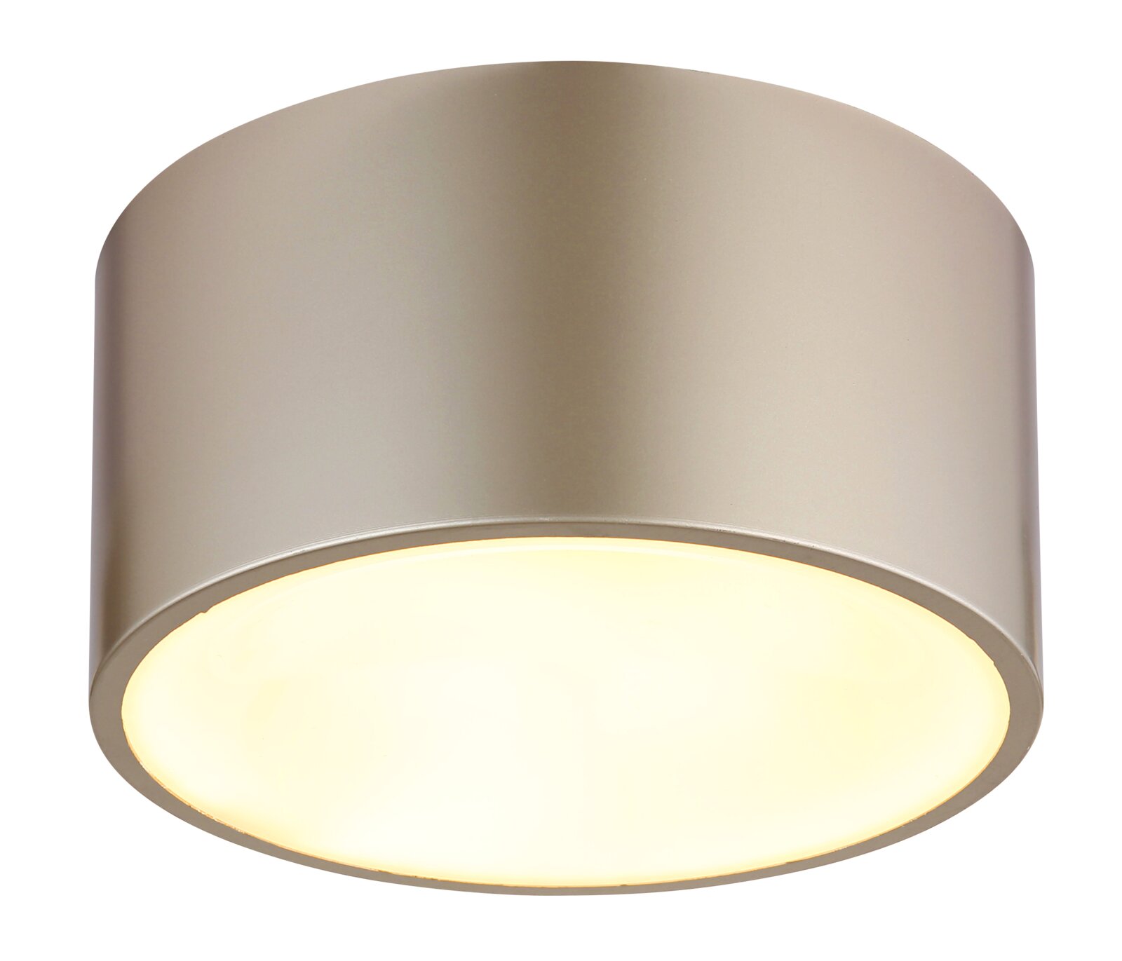 Moderne cilindervormige plafondlamp in zilverkleur, gezien van onderaf.