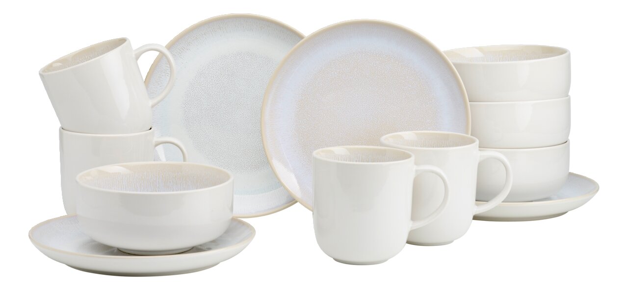 Frontalansicht eines 12-teiligen Frühstückssets Laredo mit Tassen, Schalen und Tellern in elegantem Weiß.