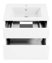 Weiße Badkombination mit zwei offenen Schubladen und Waschbecken, Ansicht von vorne.