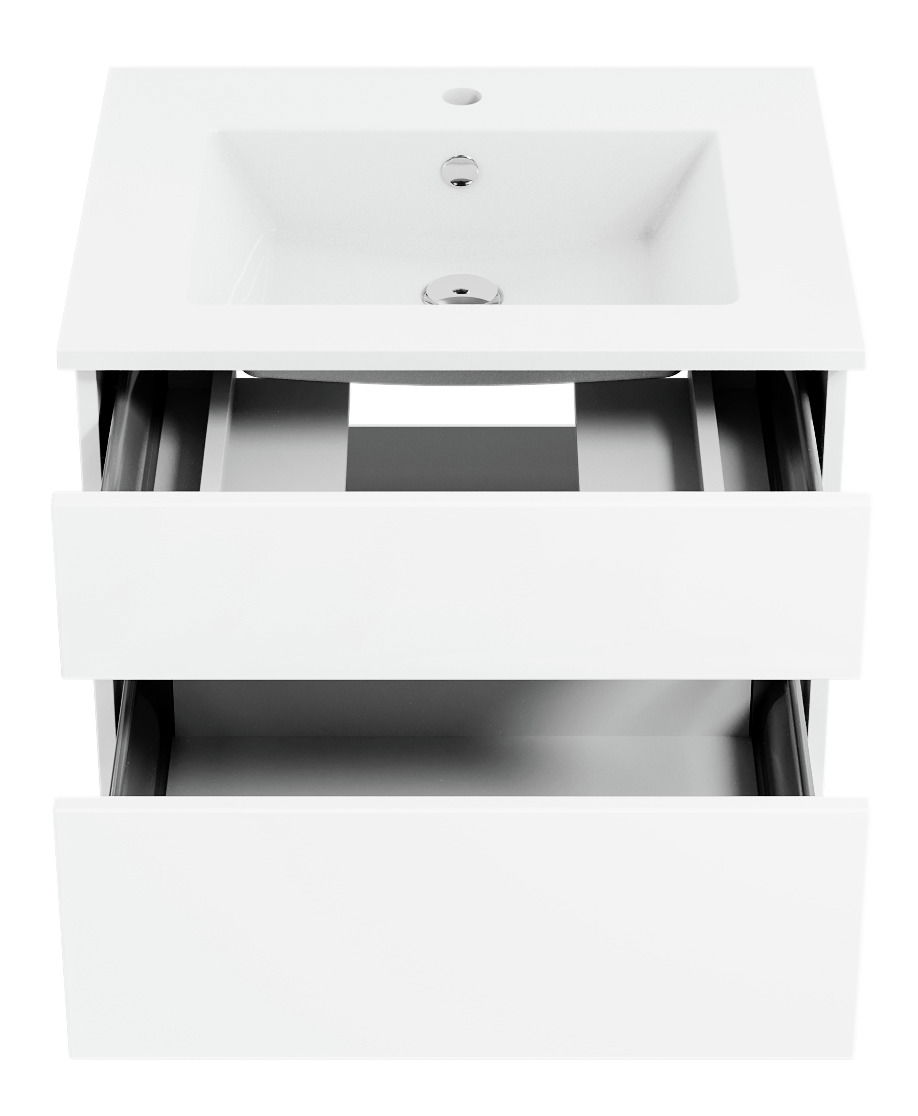 Weiße Badkombination mit zwei offenen Schubladen und Waschbecken, Ansicht von vorne.