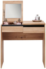 Schminktisch aus Holz mit hochgeklapptem Spiegel und Kosmetikartikeln, Frontalansicht
