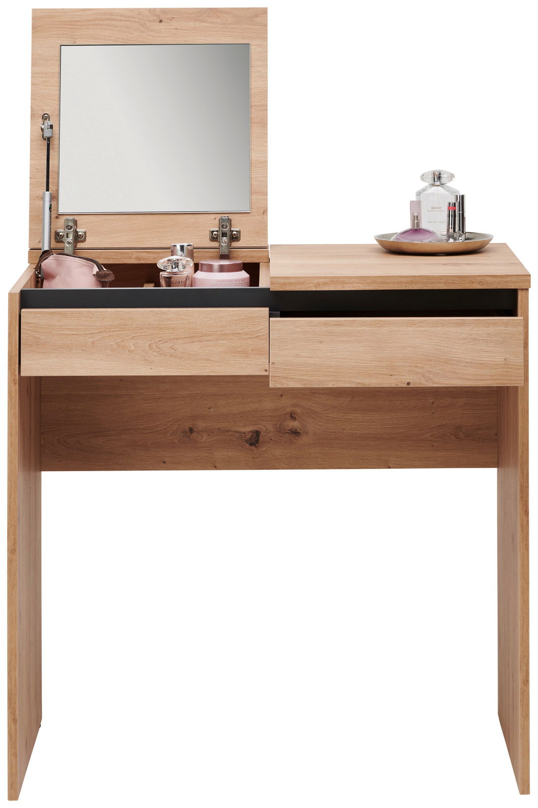 Carryhome Schminktisch LINE Schminktisch aus Holz mit hochgeklapptem Spiegel und Kosmetikartikeln, Frontalansicht