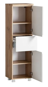 Midischrank aus Holz mit zwei offenen Türen und einer Schublade, seitliche Perspektive