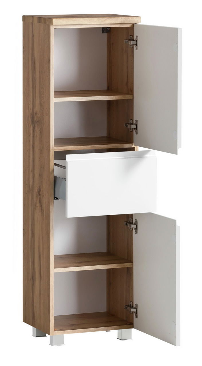 Midischrank aus Holz mit zwei offenen Türen und einer Schublade, seitliche Perspektive