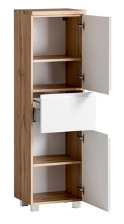 Midischrank aus Holz mit zwei offenen Türen und einer Schublade, seitliche Perspektive