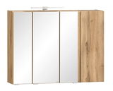 Moderner Spiegelschrank mit Holzoptik und drei Spiegeltüren, seitliche Perspektive