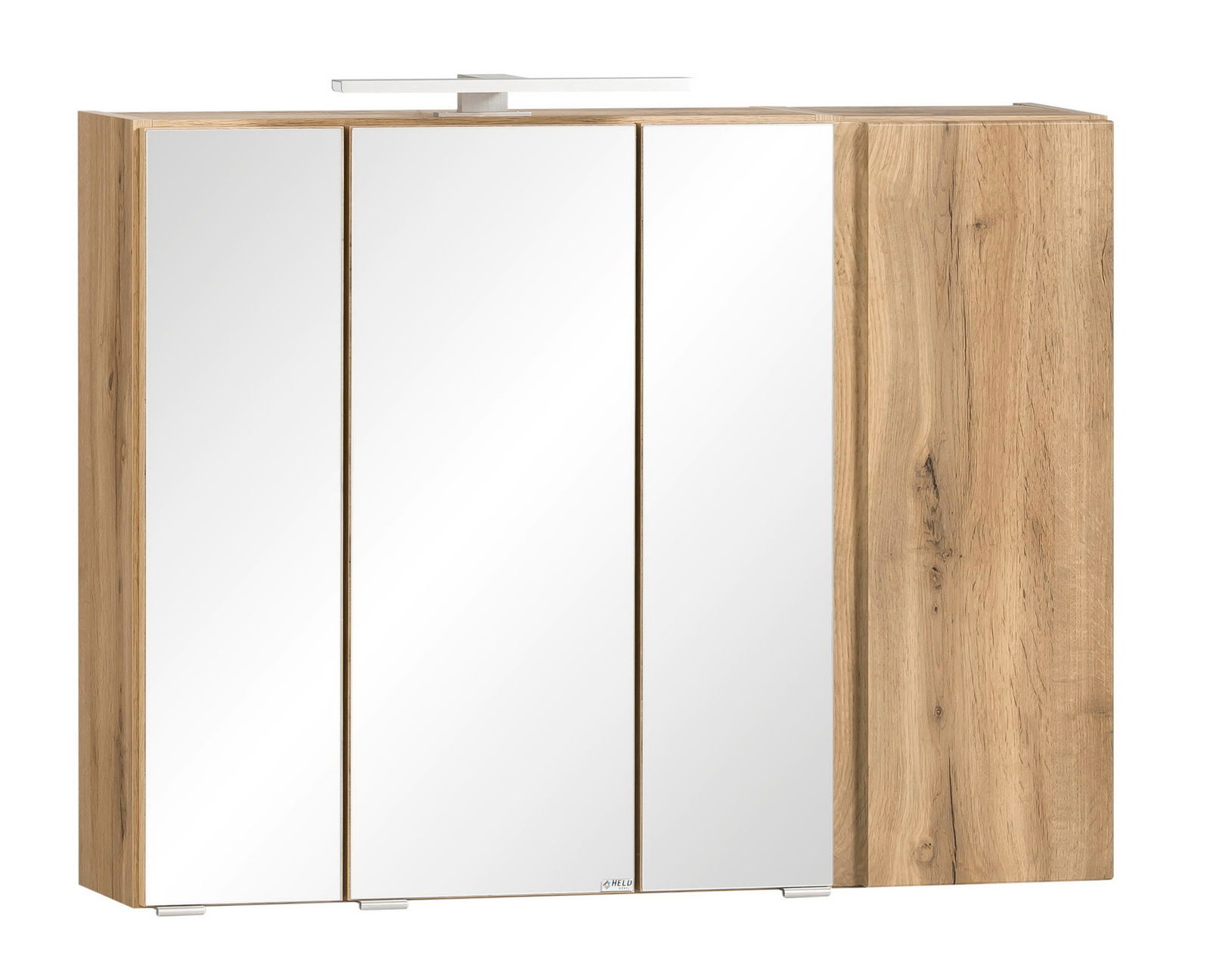 Moderner Spiegelschrank mit Holzoptik und drei Spiegeltüren, seitliche Perspektive