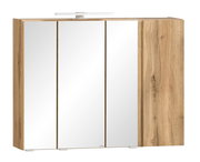 Moderner Spiegelschrank mit Holzoptik und drei Spiegeltüren, seitliche Perspektive
