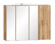 Moderner Spiegelschrank mit Holzoptik und drei Spiegeltüren, seitliche Perspektive