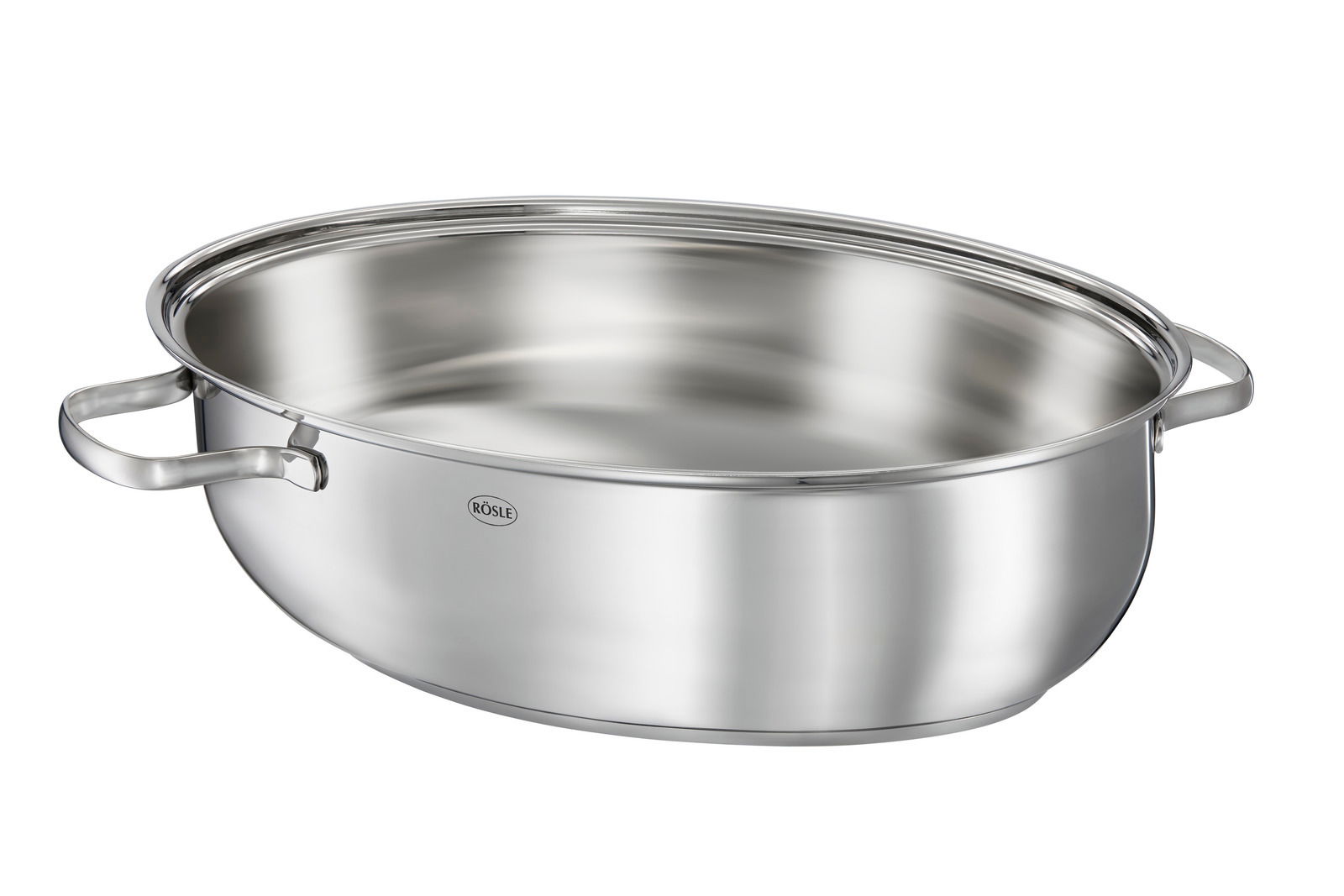 Ovaler Bräter Elegance aus Edelstahl mit zwei Griffen, seitliche Perspektive