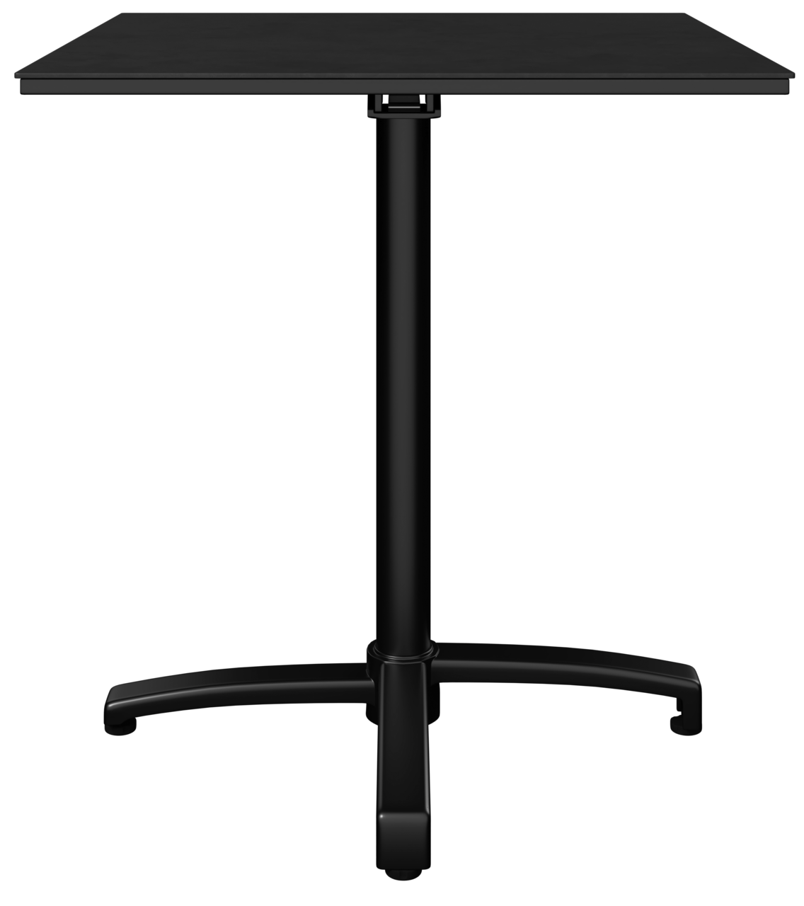 Schwarzer Bistrotisch mit quadratischer Tischplatte und zentralem Standfuß, Frontalansicht