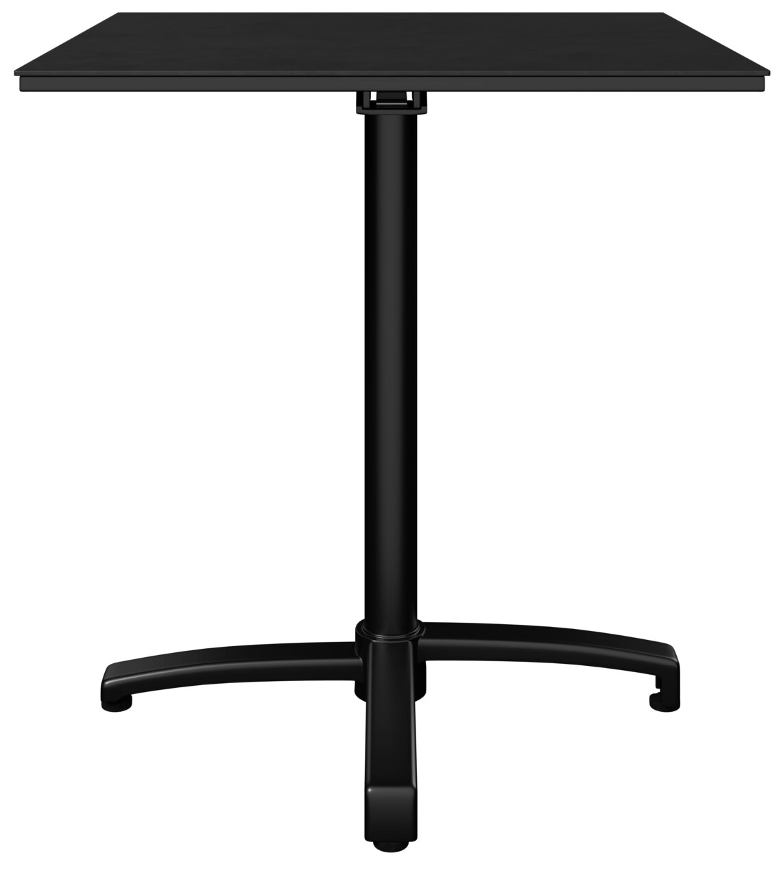 Schwarzer Bistrotisch mit quadratischer Tischplatte und zentralem Standfuß, Frontalansicht
