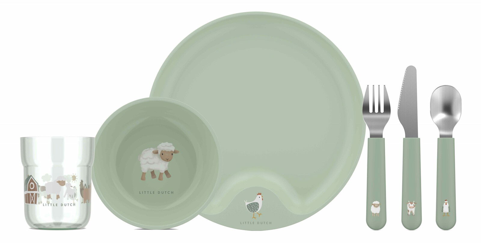 Kindergeschirr-Set mit Teller, Schüssel, Becher und Besteck in sanftem Grün mit Tiermotiven, Vogelperspektive